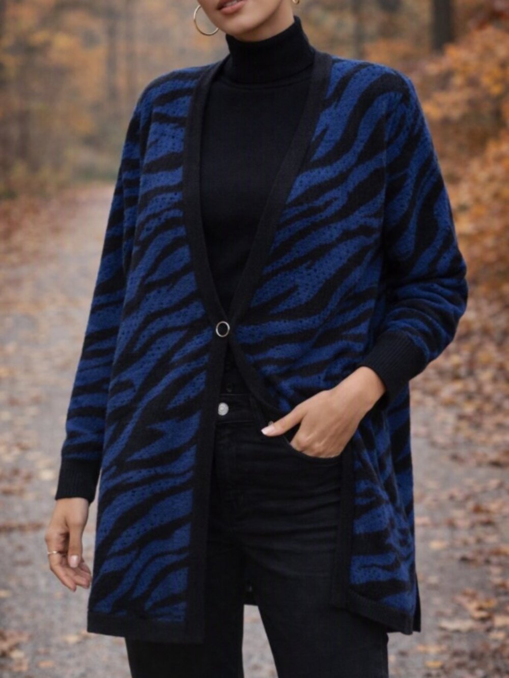 Chico’s Teal Black Zebra Knit Cardigan Sweater L Modern Streetwear Minimalist